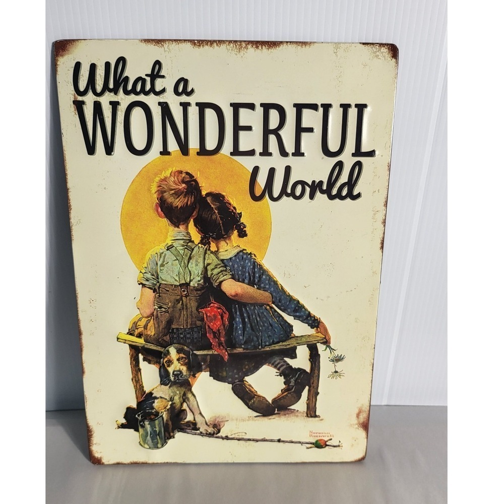 What A Wonderful‎ World Metal Sign Rustic Children Dog Wall Decor Art